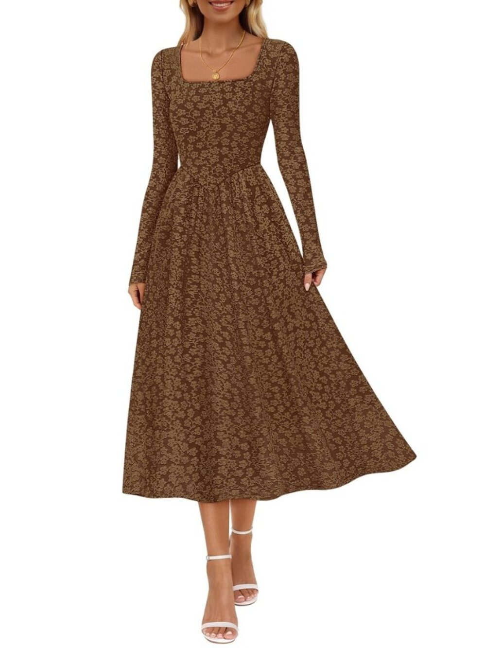 Women's Floral 2025 Fall Midi Dresses Long Sleeve Square Neck Flowy A Line